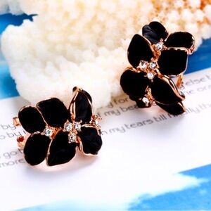 Black Enamel Flower Rose Gold Earrings
